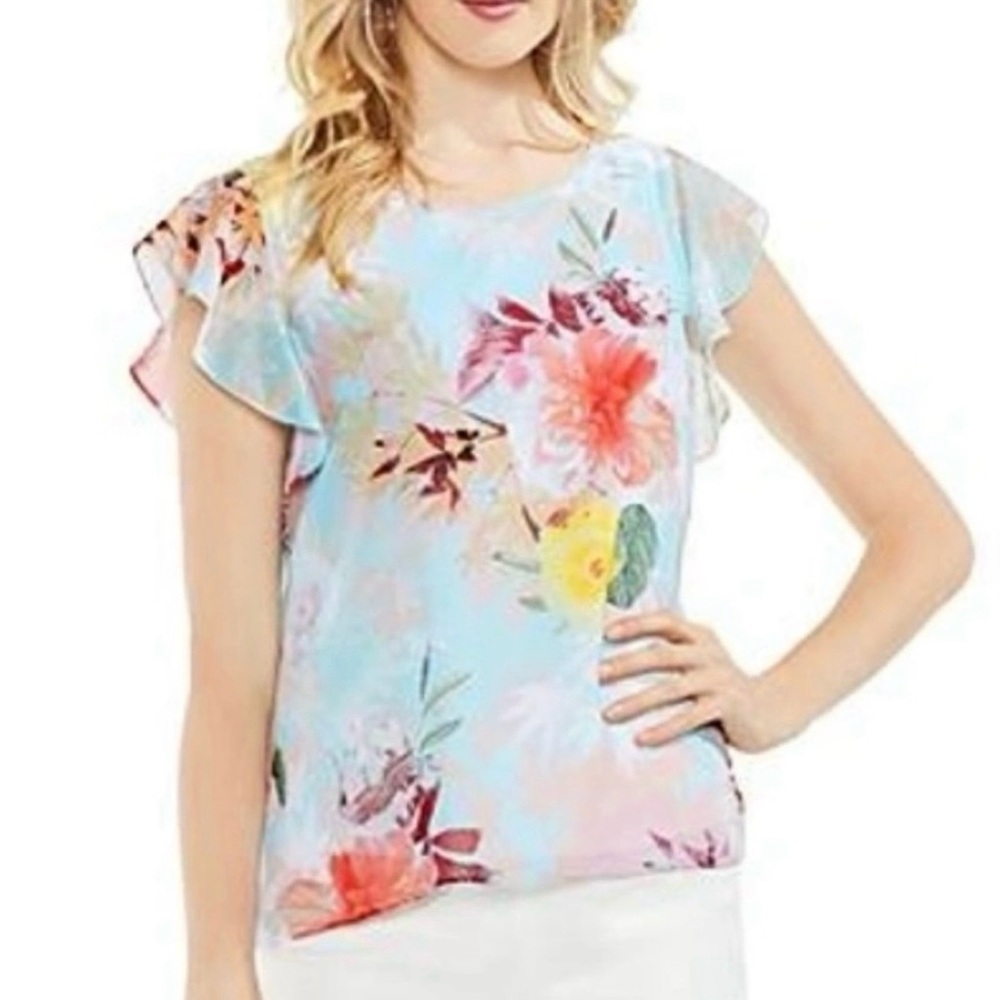 Vince Camuto Pastel Blue Floral Flutter Sleeve Blouse